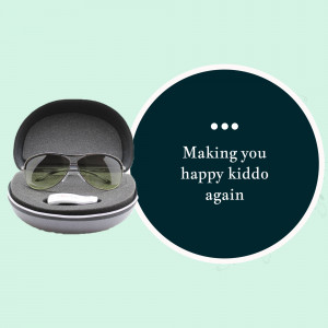 A pair of aviator sunglasses in a black case with text overlay.