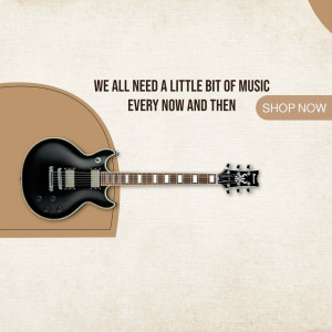 Black electric guitar leaning against a beige backdrop with text promoting music and a shop now button.