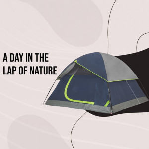 Blue and gray camping tent against a pastel background