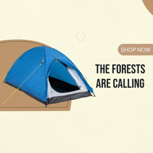 Blue camping tent with text 'The Forests Are Calling' and a 'Shop Now' button.