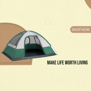 A green and white camping tent with a 'Shop Now' call to action.