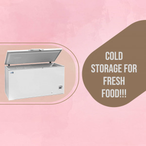 White chest freezer with text 'COLD STORAGE FOR FRESH FOOD!!!'