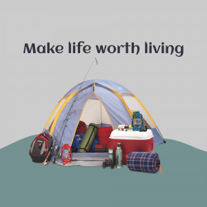 A blue and yellow tent with camping gear around it on a grassy hill.