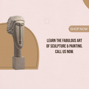 Modern sculpture with promotional text for art classes