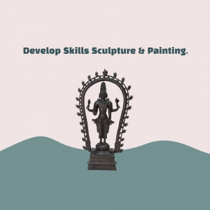 A dark metal sculpture of Vishnu with a halo, set against a pastel background.