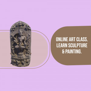 Image of a stone sculpture with text promoting online art classes in sculpture and painting.
