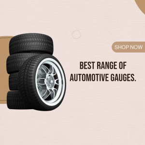 Stack of tires with automotive gauge wheel and 'Shop Now' button