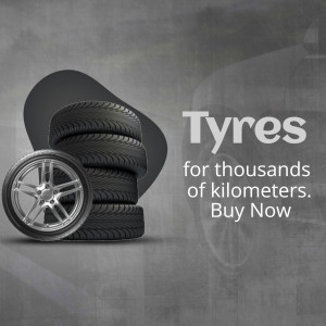 Stack of tyres with text 'Tyres for thousands of kilometers. Buy Now'