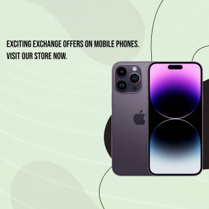 Image of a mobile phone with text promoting exchange offers.