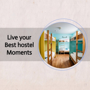 Interior view of a hostel room with bunk beds and a motivational quote.