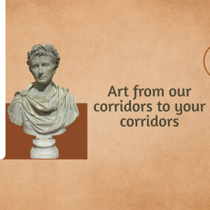 A white bust of a Roman figure with text overlay promoting art.