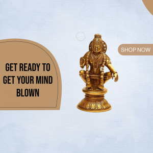 Golden statue of Lord Shiva in a meditative pose with promotional text.