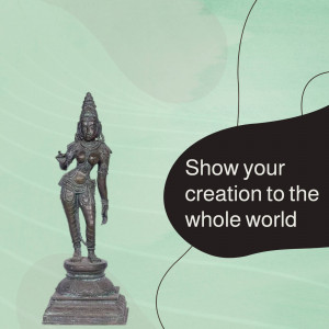 Close-up of a dark-toned Indian statue with text overlay