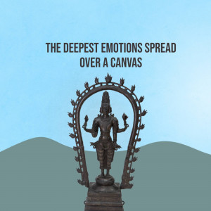 A dark sculpture of a Hindu deity with an ornate halo, set against a light blue and green background.