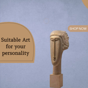 Close-up of a stone abstract face sculpture with text overlay 'Suitable Art for your personality' and 'Shop Now' button.
