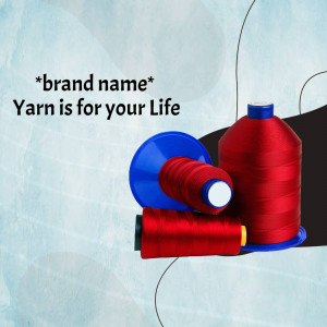 Close-up of red and blue yarn spools with text 'Yarn is for your Life'
