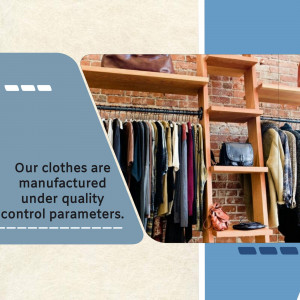 A clothing rack in a store with text about quality control.