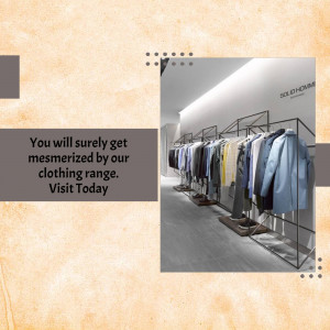 Interior view of a Solid Homme clothing store with racks of men's clothing and promotional text.