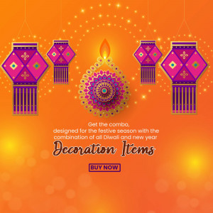 Diwali lanterns and diya with decorative floral pattern and text 'Decoration Items'