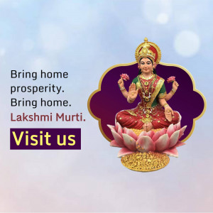 Image of Goddess Lakshmi seated on a lotus flower with promotional text.