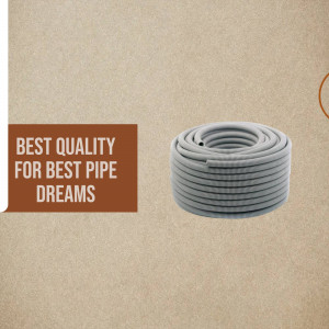 Coiled grey pipe with a promotional label