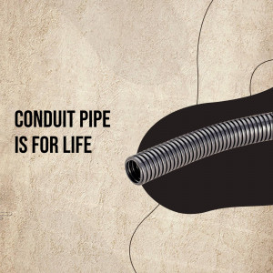 Close-up of a black corrugated conduit pipe on a textured beige background with text 'Conduit Pipe is for Life'