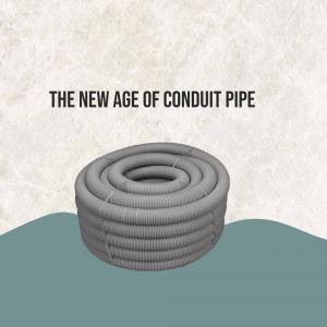 Coiled gray conduit pipe on a textured background