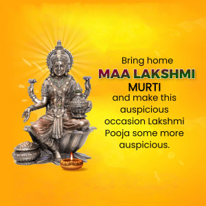 Image of Maa Lakshmi Murti with a golden background and text promoting Lakshmi Pooja