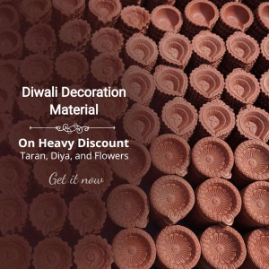 Close-up of terracotta diyas arranged in rows, with promotional text for Diwali decoration materials.
