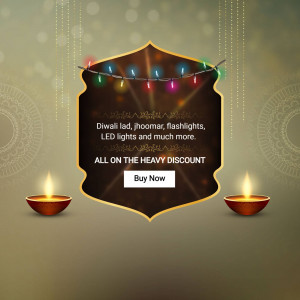 Diwali sale advertisement with lights, diyas, and a discount offer.