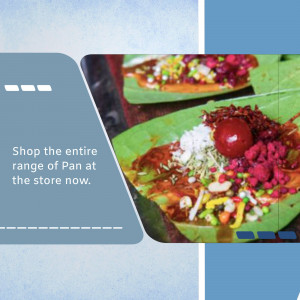 Close-up of colorful Pan served on banana leaves with promotional text.