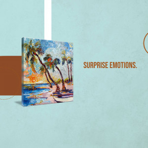 A painting of palm trees at sunset displayed on a canvas with text 'SURPRISE EMOTIONS'.