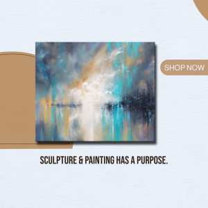 Abstract painting with blue and gold tones resembling an ocean landscape