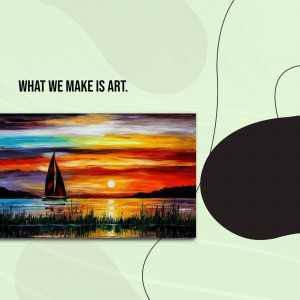 Abstract painting of a sailboat at sunset over water