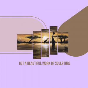 Four-panel wall art depicting giraffes silhouetted against an African sunset.