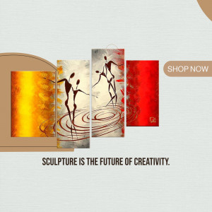 Four-panel abstract painting of figures in red, orange, and brown tones