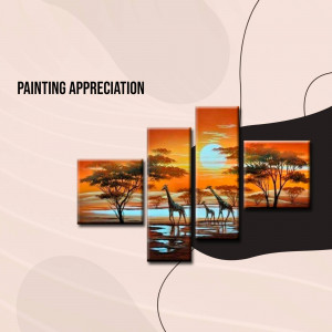 Four-panel painting of giraffes at sunset in the African savanna