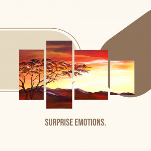 Four-panel canvas art depicting an African sunset with silhouetted trees and mountains.