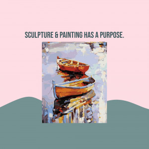 A colorful painting of two boats docked on water with reflections.