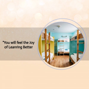 Interior view of a hostel dorm room with bunk beds and a bright color scheme.