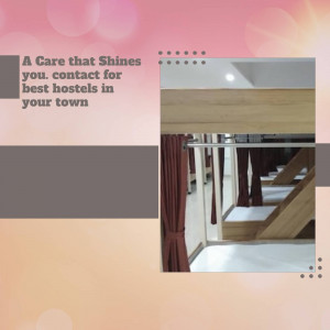 Interior view of a hostel with text advertising 'A Care That Shines'