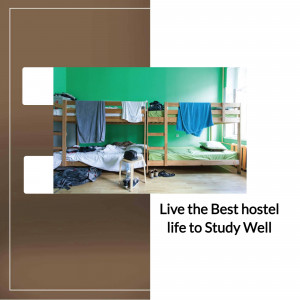 A hostel room with bunk beds and personal belongings.