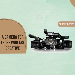 A professional video camera on a light green background with text promoting creativity and a 'Shop Now' button.