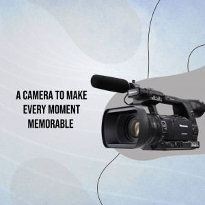 Panasonic professional video camera with microphone on a light blue abstract background.