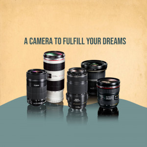 A collection of Canon camera lenses arranged on a reflective surface with the text 'A camera to fulfill your dreams'.