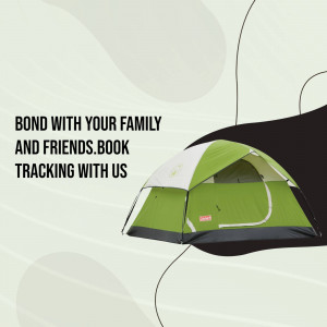 Green and grey camping tent with text promoting family bonding and booking tracking.