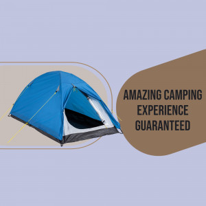 Blue camping tent with text overlay 'Amazing Camping Experience Guaranteed'