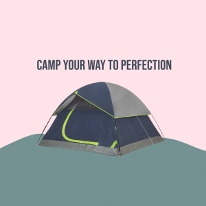 A blue and gray tent on a green hill with text overlay.