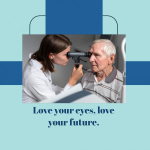 Optometrist examining an elderly man's eyes with a medical instrument.