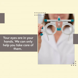 Optometrist holding an optometry tool with text about eye care.
